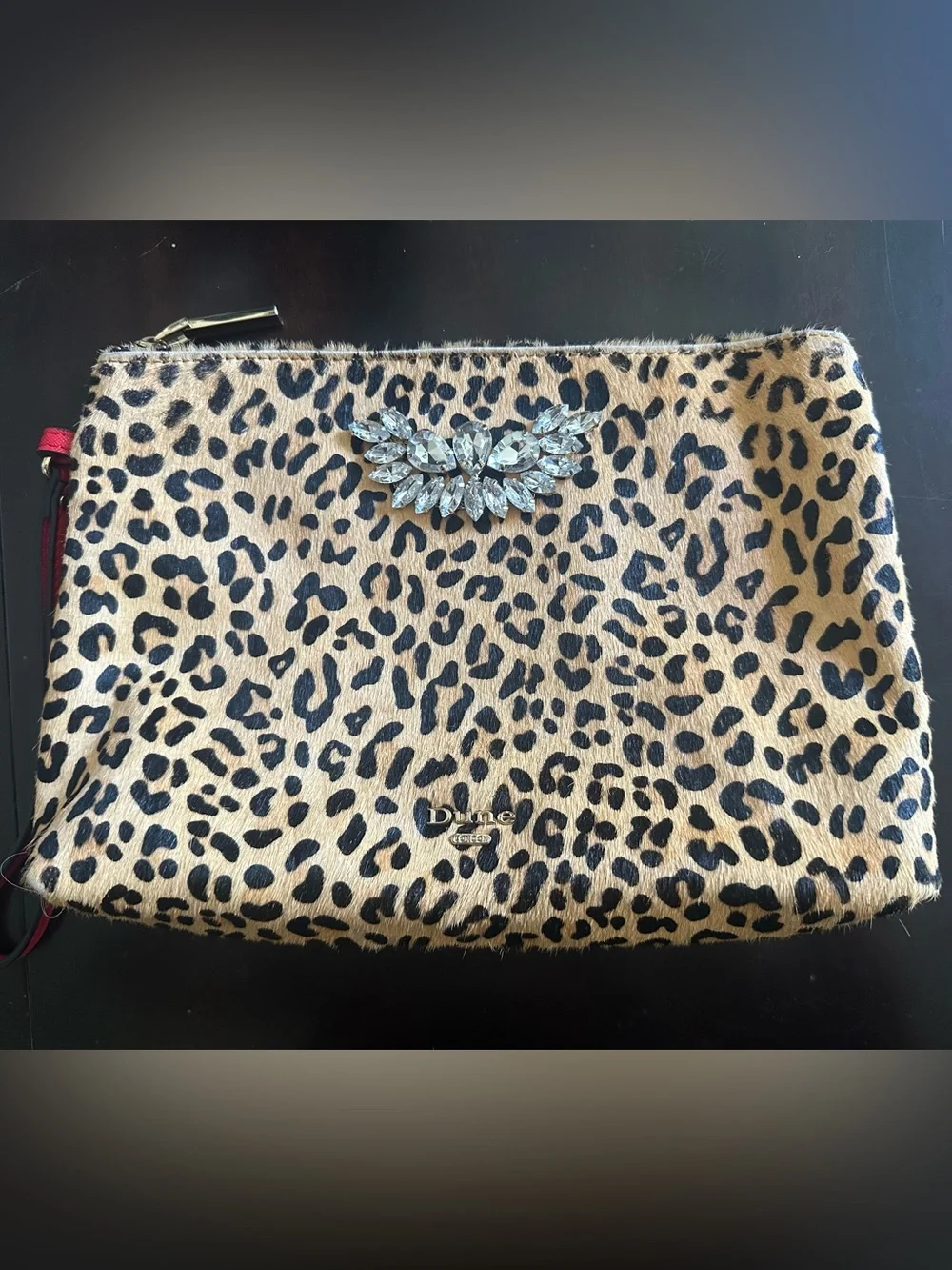 Dune London Leopard Calf Hair Crystal Embellished Clutch Wristlet